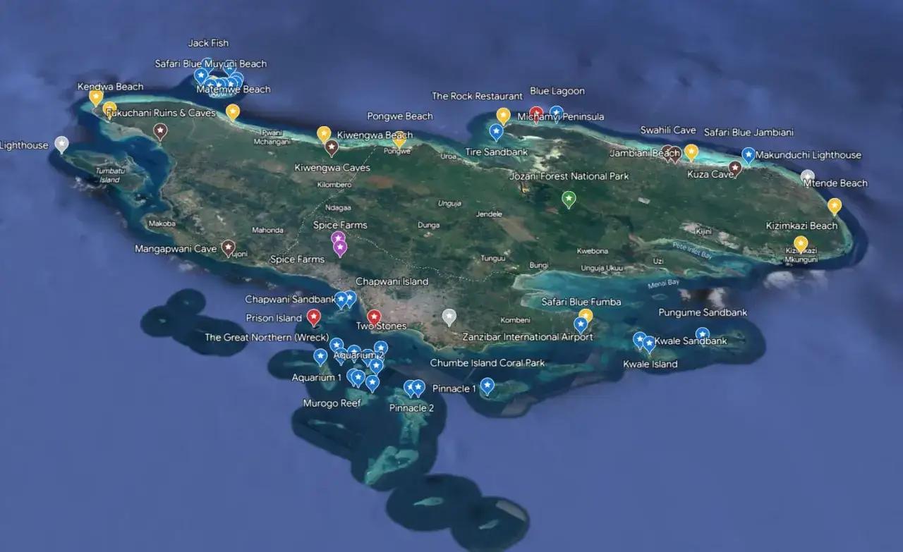 Mapa Zanzibaru z zaznaczonymi miejscami do nurkowania, plażami i atrakcjami. Idealne na zanzibar nurkowanie.