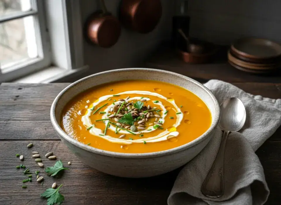 Zupa krem w misce z dodatkami, gęsta i aksamitna