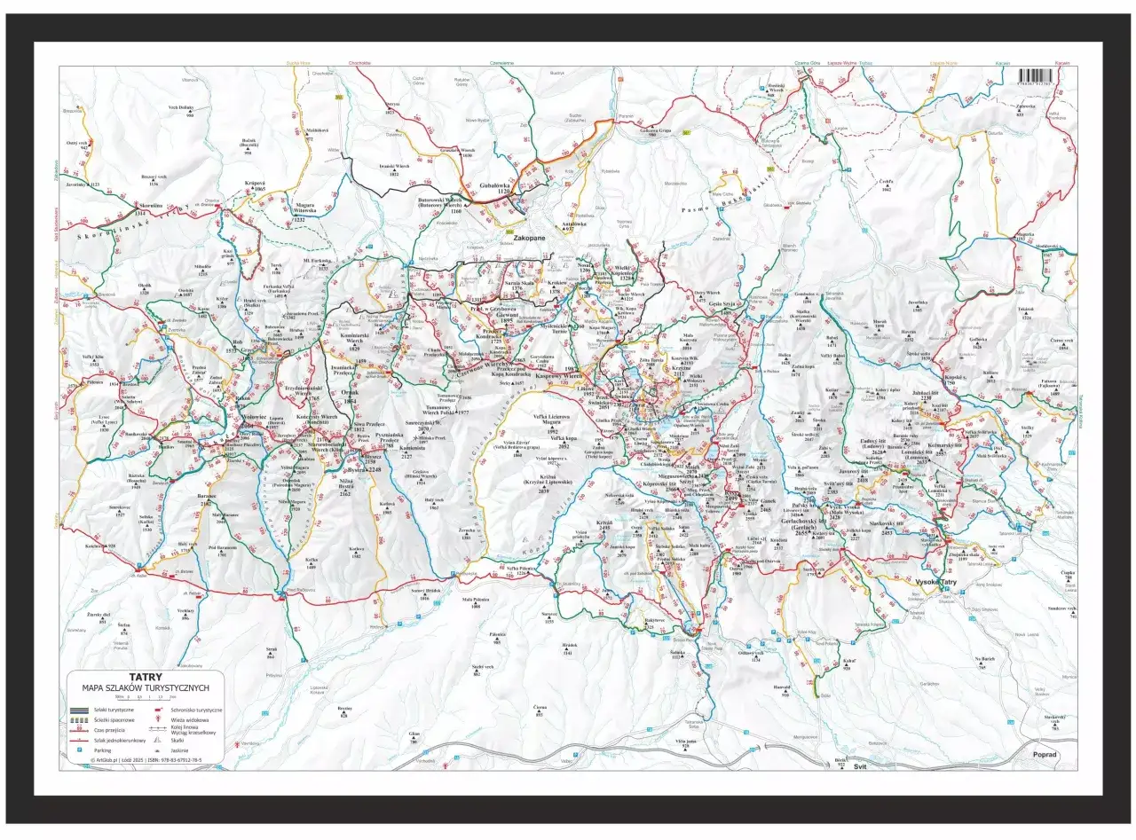 Mapa Tatr z zaznaczonymi szlakami turystycznymi, punktami widokowymi i parkingami. Widać tu m.in. Zakopane, Dolinę Kościeliską i szlak prowadzący do bac&oacute;wka małe ciche.