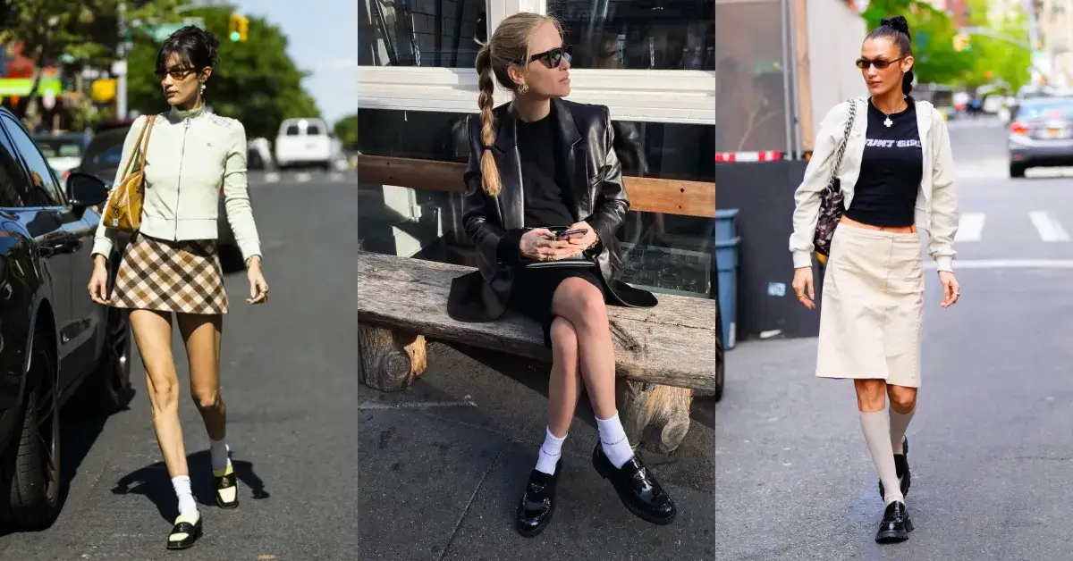 Mokasyny ze stopkami i widocznymi skarpetkami, stylizacje