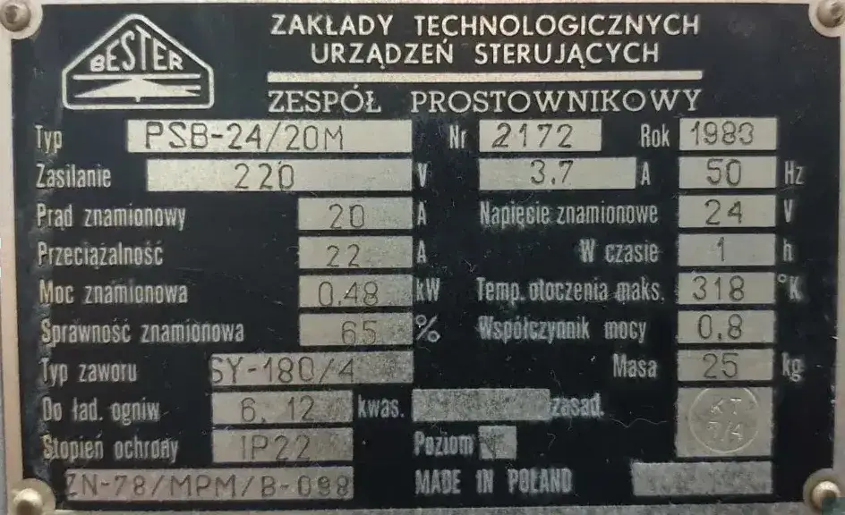 tabliczka znamionowa prostownik