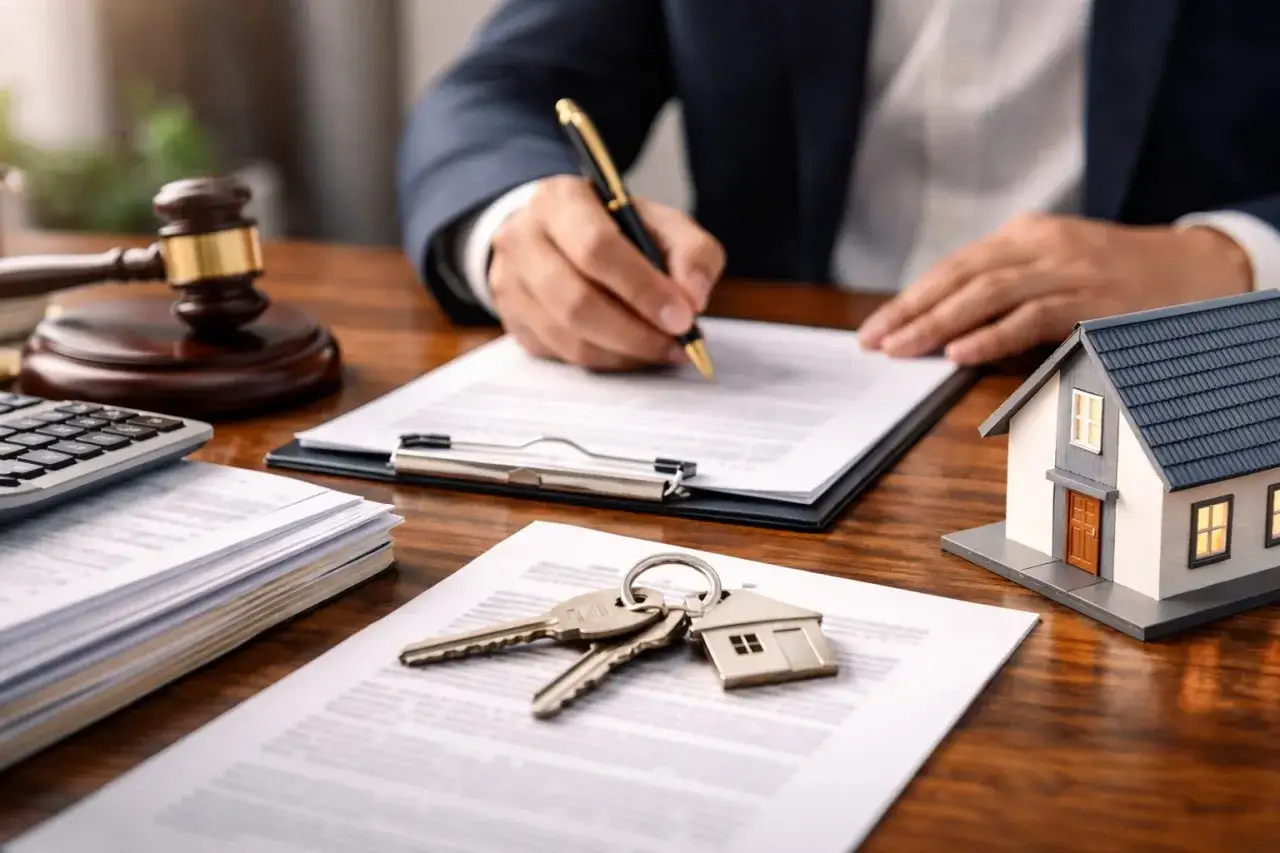 Klucze do nowego domu i model domu na biurku. Prawnik podpisuje dokumenty, ustalając, ile kosztuje kupno mieszkania.