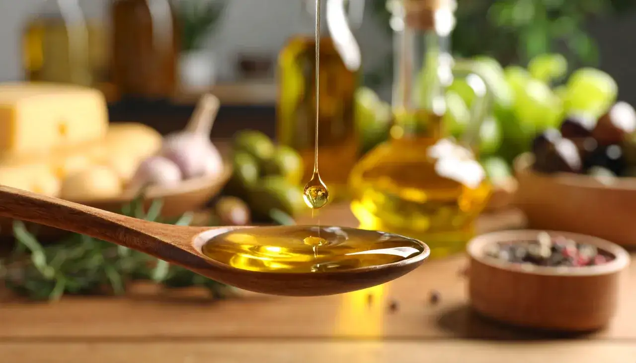 Kropla złotego oleju spływa na drewnianą łyżkę, ukazując, jakie są tłuszcze roślinne. W tle oliwki, czosnek i ser.