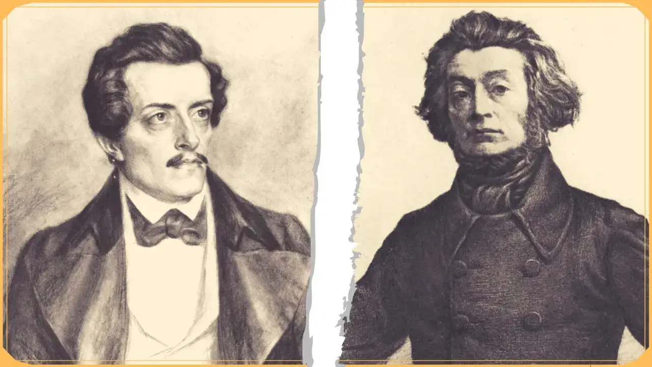 Portrety dwóch mężczyzn w strojach z epoki romantyzmu. Obaj to lektury obowiązkowe dla miłośników literatury.
