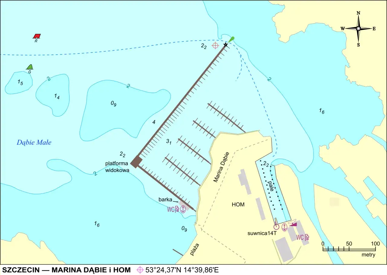 Mapa Szczecina z zaznaczoną Odrą, Zalewem Szczecińskim i Bałtykiem