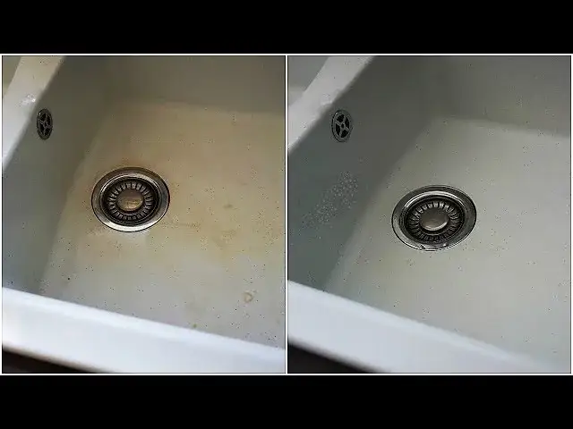przebarwienia na zlewie granitowym przed i po czyszczeniu