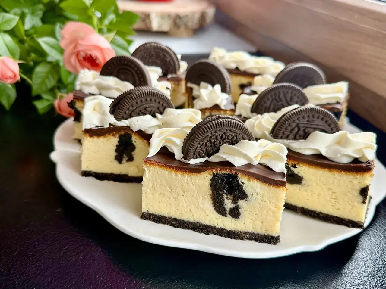 Pyszny, pieczony sernik Oreo z polewą czekoladową i bitą śmietaną, ozdobiony ciasteczkami Oreo. Idealny deser na każdą okazję.