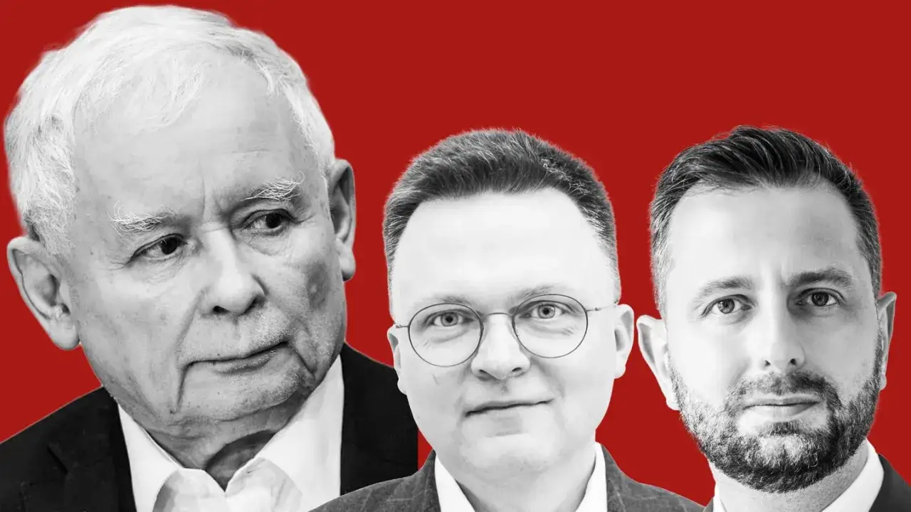 Trzech liderów partii politycznych na czerwonym tle. Jarosław Kaczyński, Szymon Hołownia i Władysław Kosiniak-Kamysz.