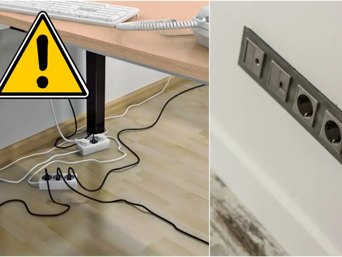Ostrzeżenie przed plątaniną kabli pod biurkiem. W ścianie widać gniazdka elektryczne i sieciowe.