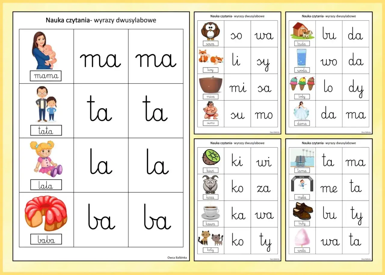Karty pracy sylaby do druku: mama, tata, lala, baba, sowa, lisy, misa, sumo, buda, woda, lody, dama, kiwi, koza, kawa, koty, tama, meta, buty, wata.