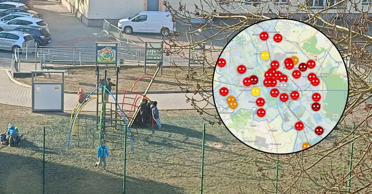 Dziecko bawiące się na placu zabaw z elementami zanieczyszczenia powietrza w tle