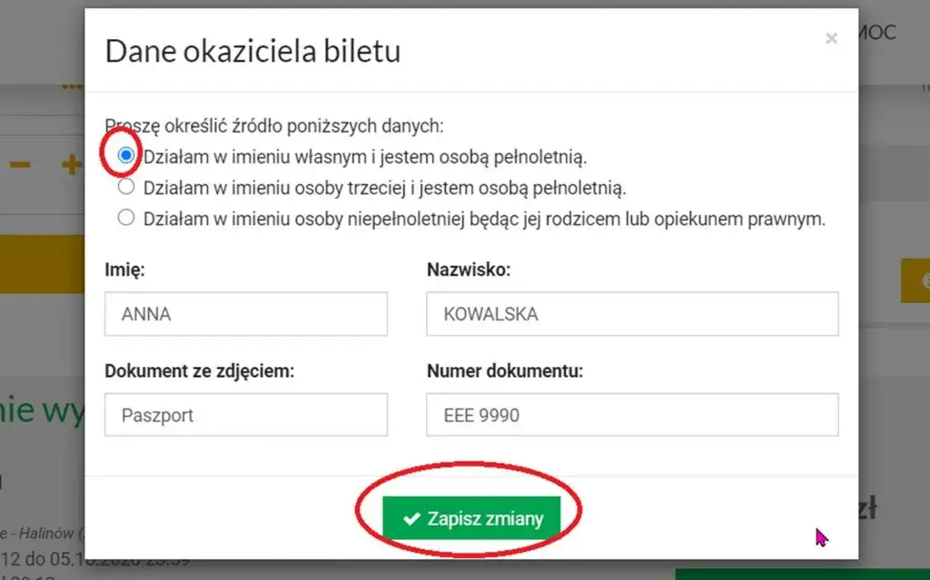 Zrzut ekranu z procesu zakupu biletu kolejowego online
