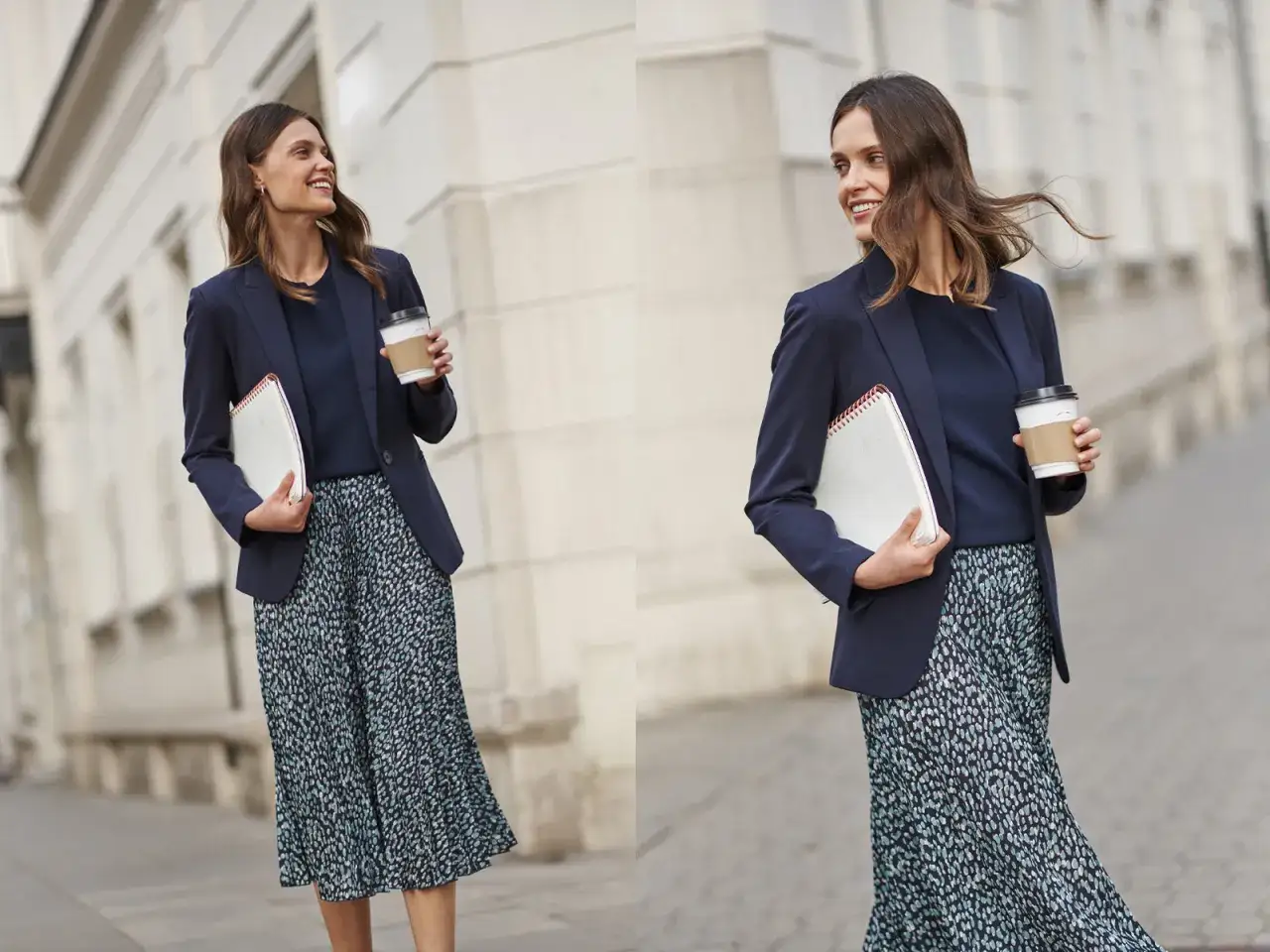 Eleganckie stylizacje na jesień: kobieta w granatowej marynarce, bluzce i wzorzystej spódnicy, z notesem i kawą.