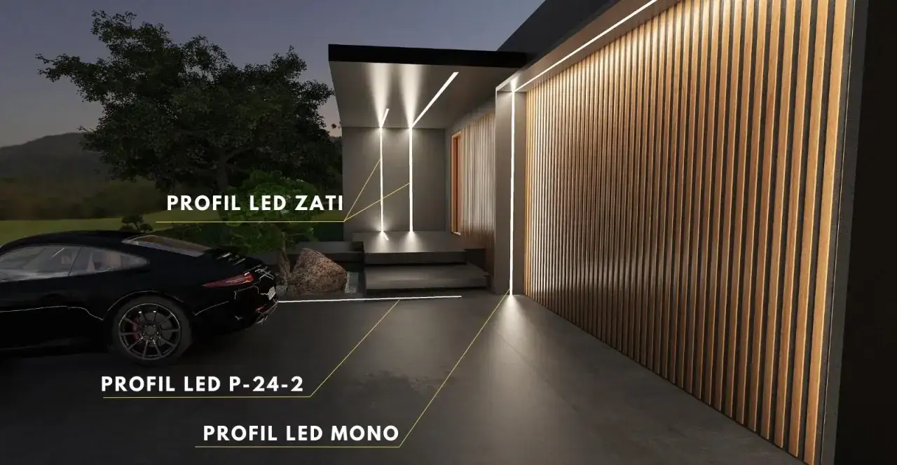 Nowoczesna willa z czarnym Porsche, oświetlona dyskretnym led w podbitce i na elewacji.