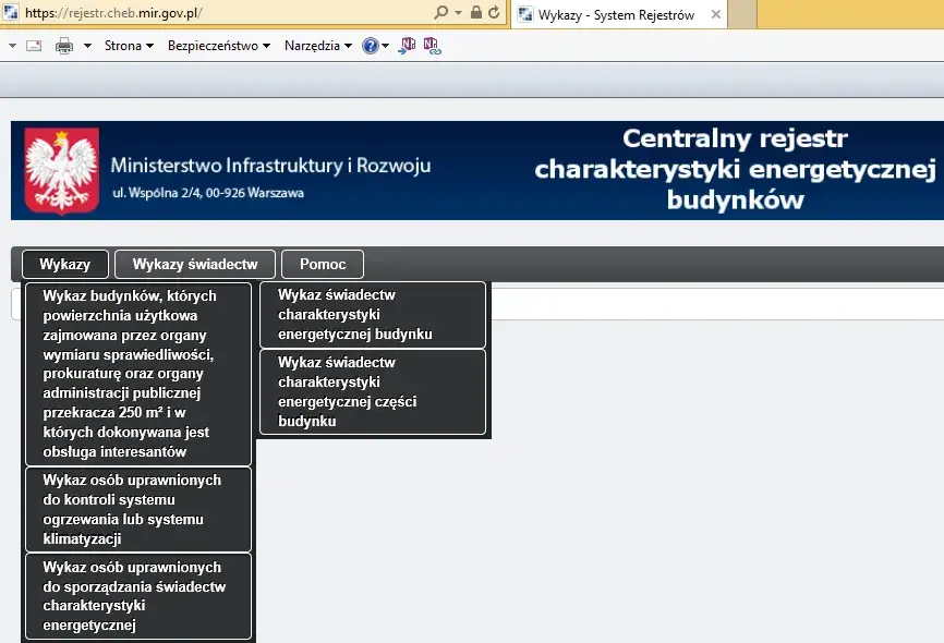 Centralny Rejestr Charakterystyki Energetycznej Budynków, strona gov.pl