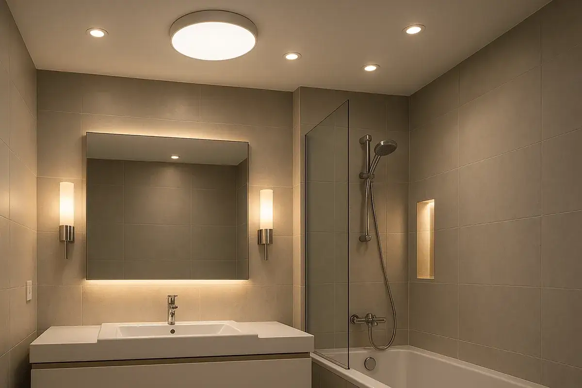 Nowoczesna łazienka z ciepłym, wielopoziomowym światłem. Idealne jakie oświetlenie do łazienki, tworzące relaksującą atmosferę.