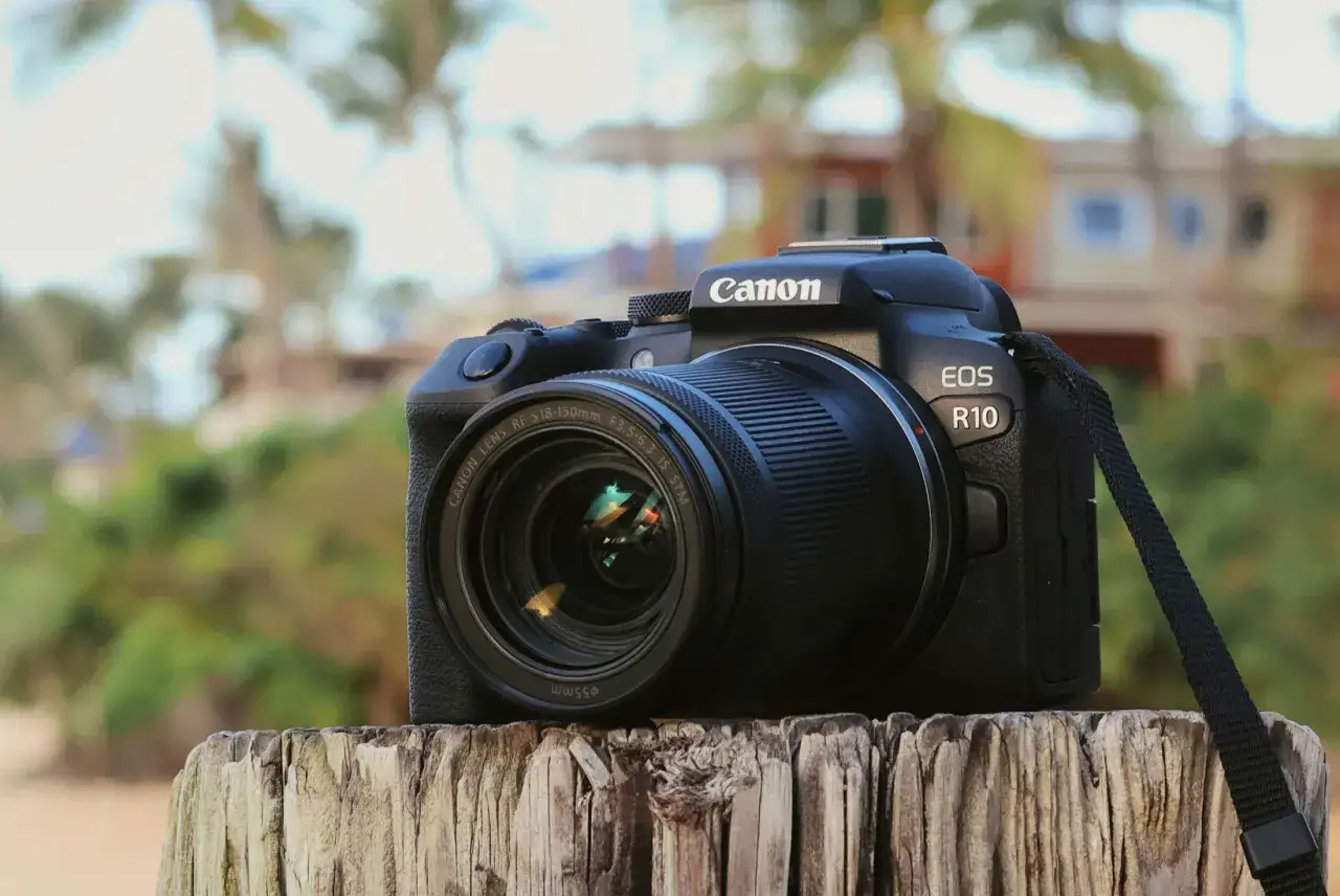 Czarny aparat Canon EOS R10 z obiektywem na drewnianym pniaku, gotowy do test&oacute;w w plenerze.