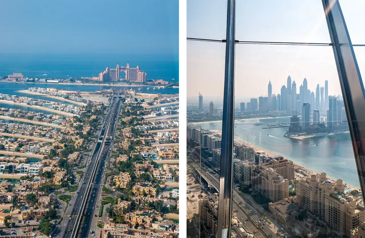 Widok na Dubaj z lotu ptaka: Palmiarnia, luksusowe wille i drapacze chmur. Zastanawiasz się, ile kosztuje pobyt w Dubaju na tydzień?