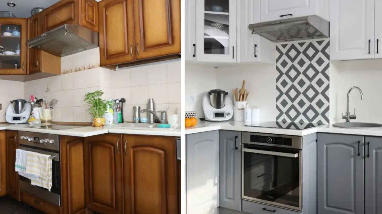 Przed i po: jak odnowić meble kuchenne. Stare, drewniane szafki zamieniono na nowoczesne, szare i białe.