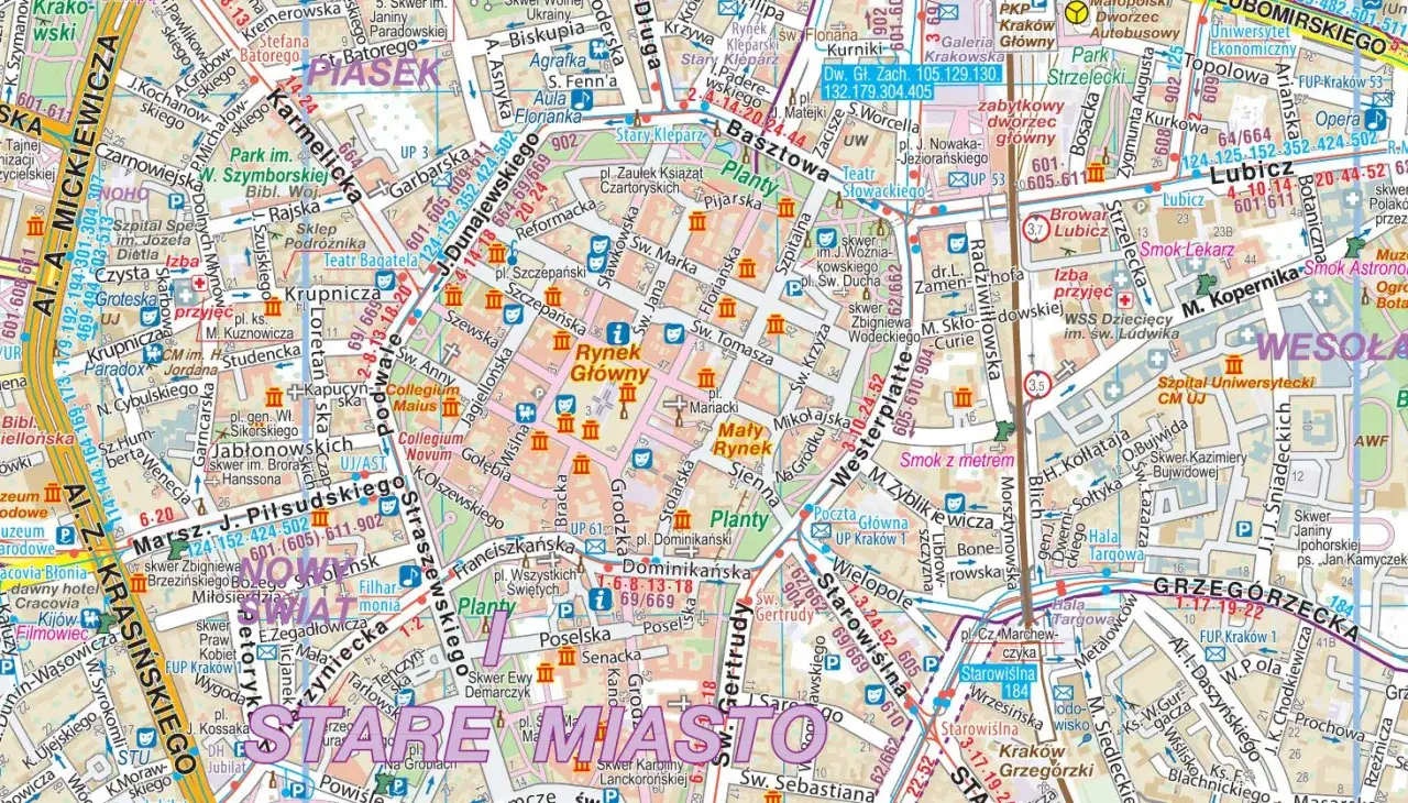 Mapa Krakowa z zaznaczonymi różnymi typami placówek medycznych