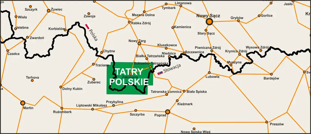 Mapa Tatr Polskich z zaznaczonymi miejscowościami. Czy Gerlach jest wulkanem? Nie, to najwyższy szczyt Tatr.