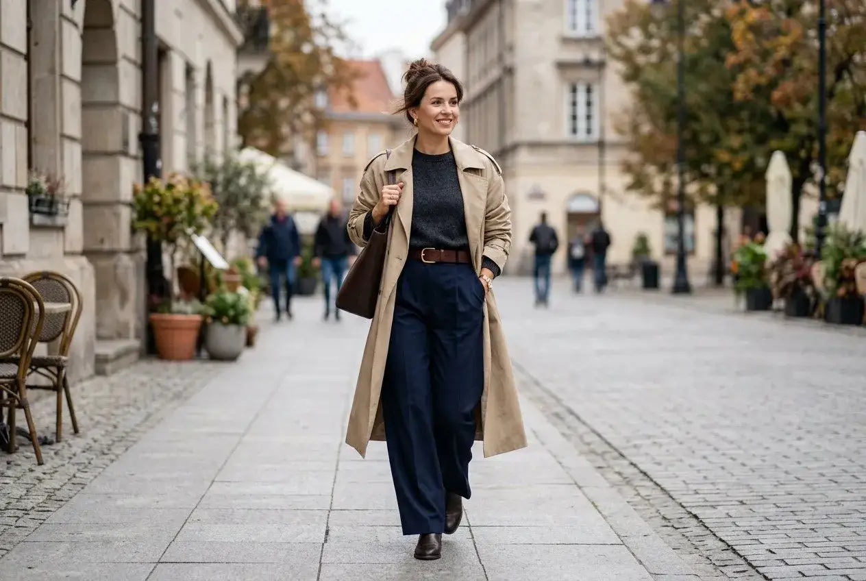 Kobieta w beżowym płaszczu i granatowych spodniach, które idealnie ilustrują, co oznacza oversize – swobodny krój i komfort.