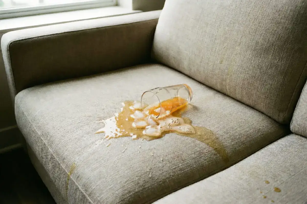 Szklanka z napojem wywr&oacute;cona na kanapie, tworząc trudne plamy niewiadomego pochodzenia. L&oacute;d i płyn rozlały się na jasnym materiale.