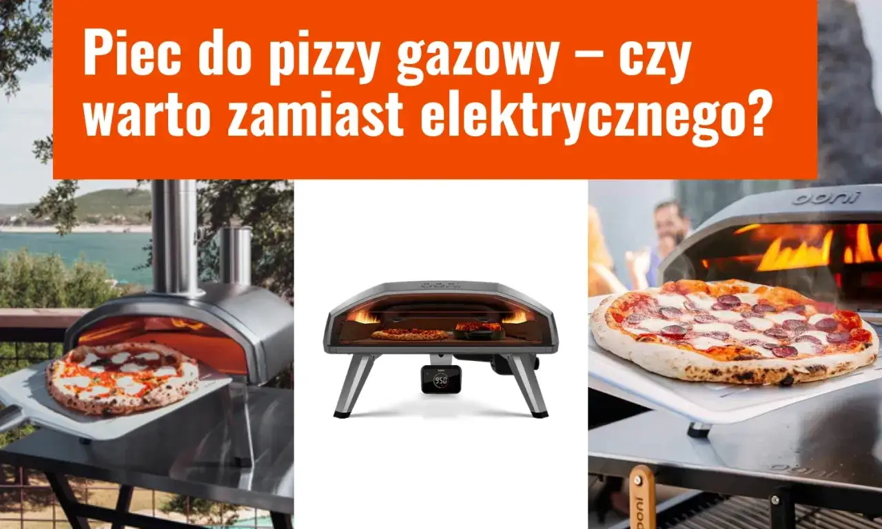 Trzy ujęcia pieca do pizzy gazowego Ooni. Na jednym pizza w trakcie pieczenia, na drugim gotowa, apetyczna pizza na desce.