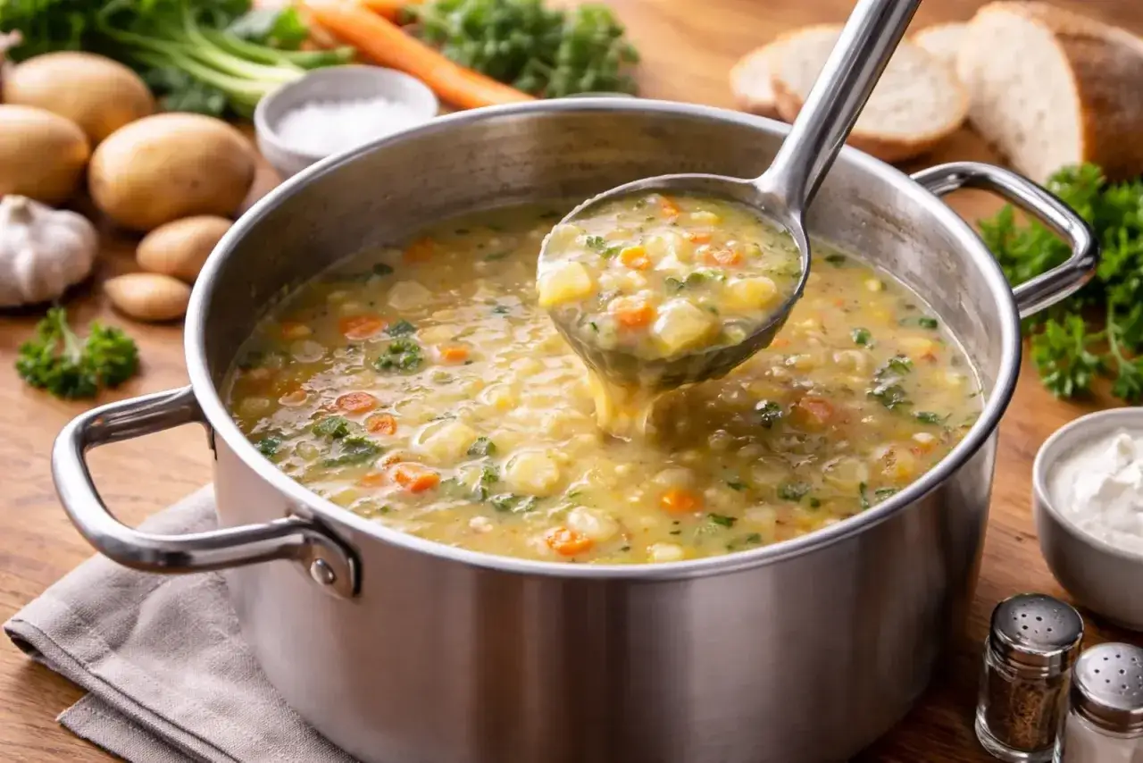 Gęsta zupa jarzynowa z ziemniakami i marchewką, nabierana chochlą. Czy zupę gulaszową się zagęszcza? Ta wygląda na idealnie doprawioną.