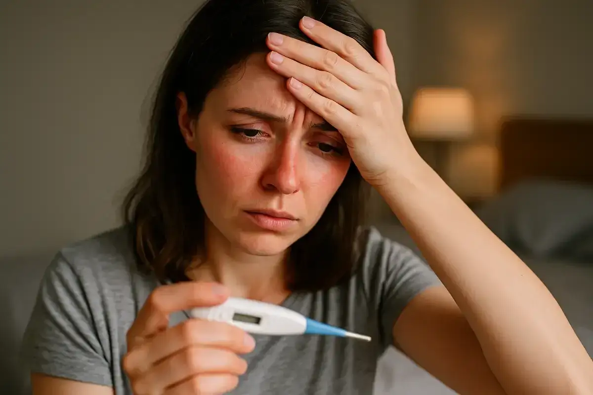 Kobieta z gorączką i zaczerwienioną twarzą trzyma termometr. Szuka domowych sposobów na gorączkę.