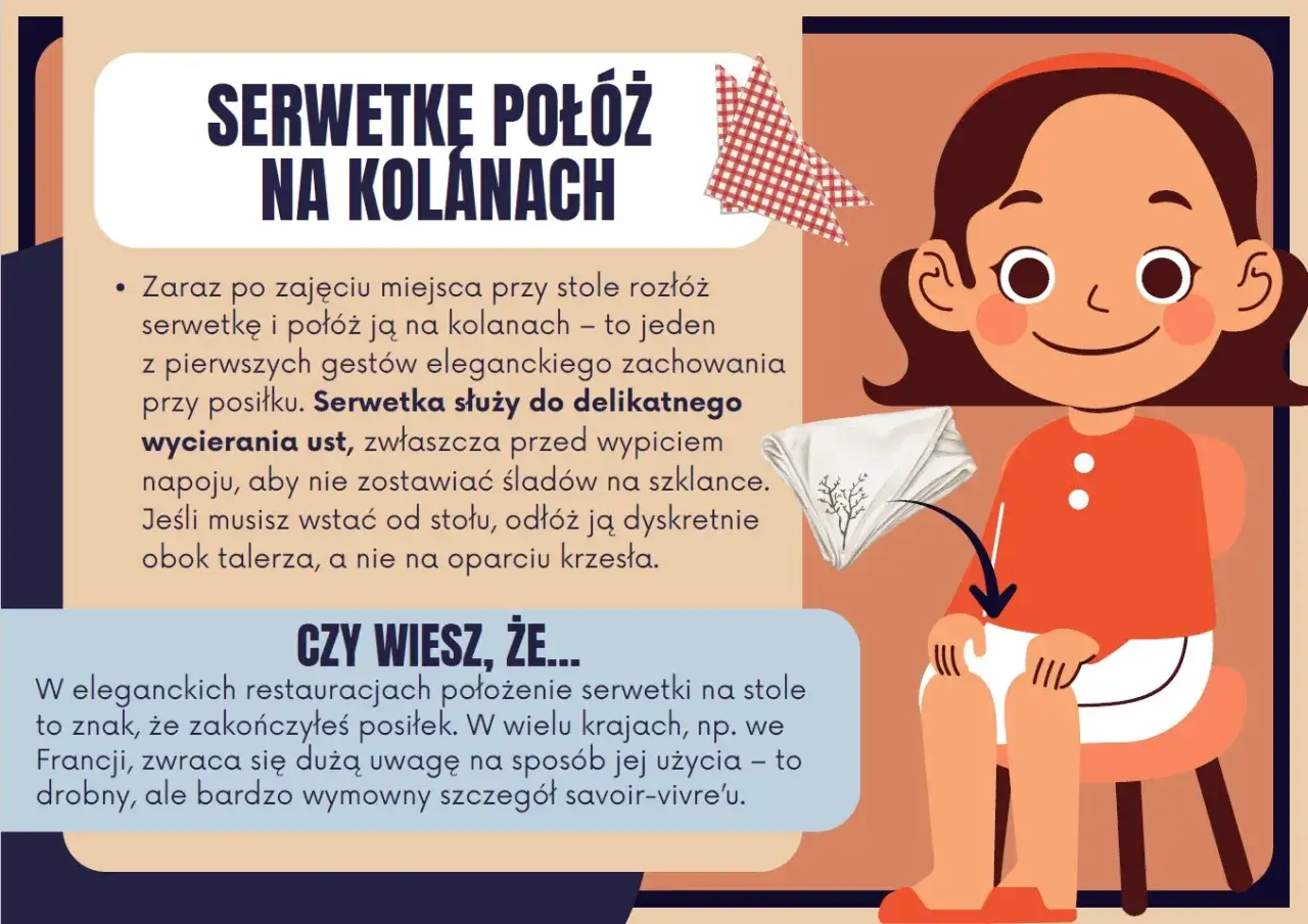 Dziewczynka kładzie serwetkę na kolanach. To ważny element savoir-vivre'u, kt&oacute;ry pomaga zachować elegancję przy stole.