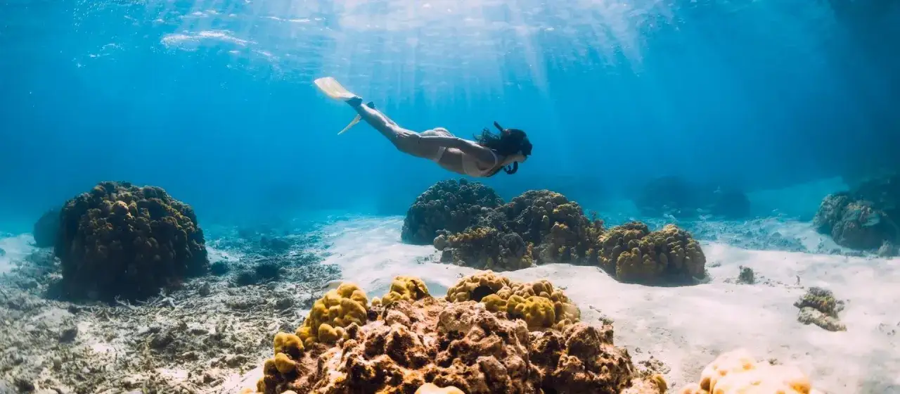 Kobieta nurkuje wśr&oacute;d kolorowej rafy koralowej na Mauritiusie. Słońce przebija się przez wodę, oświetlając piasek i koralowce.