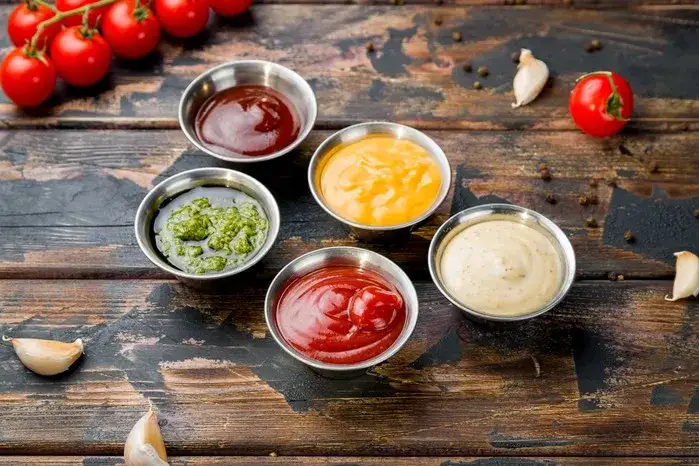 r&oacute;żnorodne sosy do grilla w miseczkach