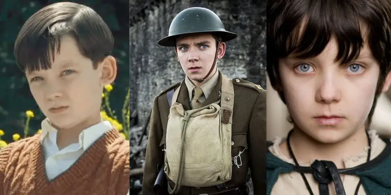Asa Butterfield w rolach z film&oacute;w i seriali: chłopiec w swetrze, żołnierz w hełmie i dziecko z niebieskimi oczami.