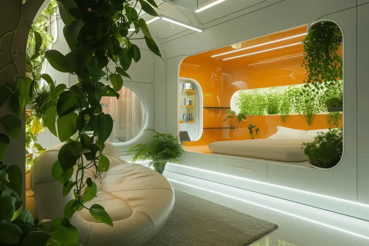 Wnętrze z bujną zielenią i pomarańczowym akcentem, przypominające super nowoczesne domy. Wygodna sofa i łóżko wkomponowane w futurystyczny design.