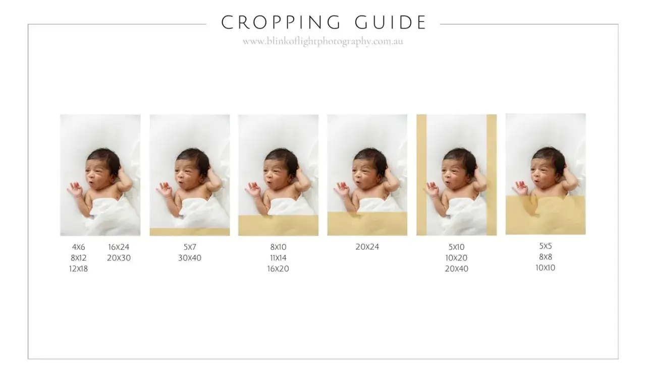 Przewodnik pokazujący, jak przyciąć zdjęcie noworodka do r&oacute;żnych rozmiar&oacute;w, od 4x6 do 20x40.