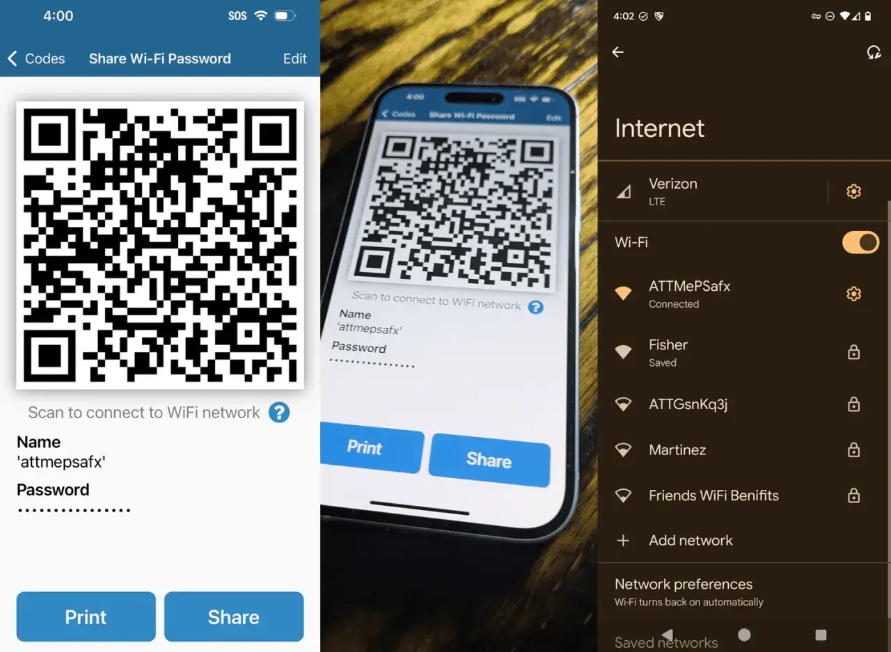 Jak udostępnić hasło do Wi-Fi na iPhone? Zobacz kod QR z nazwą sieci i hasłem, gotowy do zeskanowania.