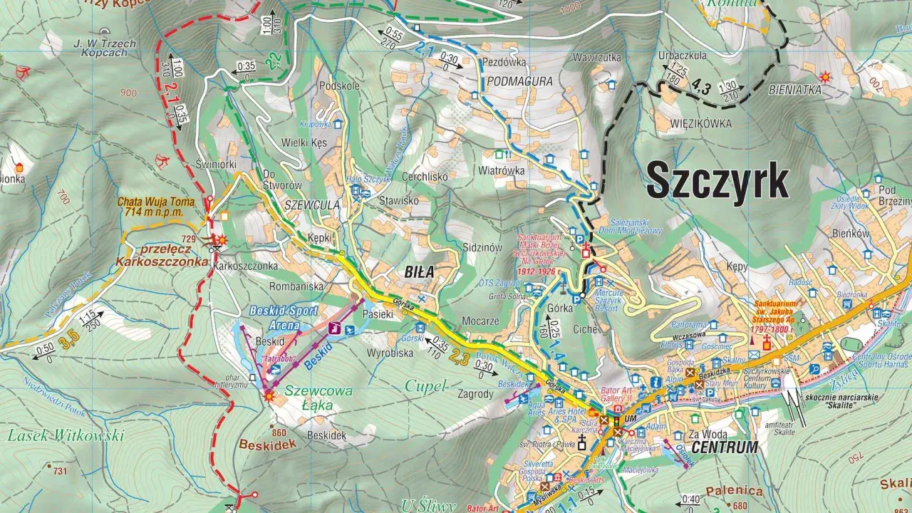 Mapa ośrodk&oacute;w narciarskich blisko Krakowa