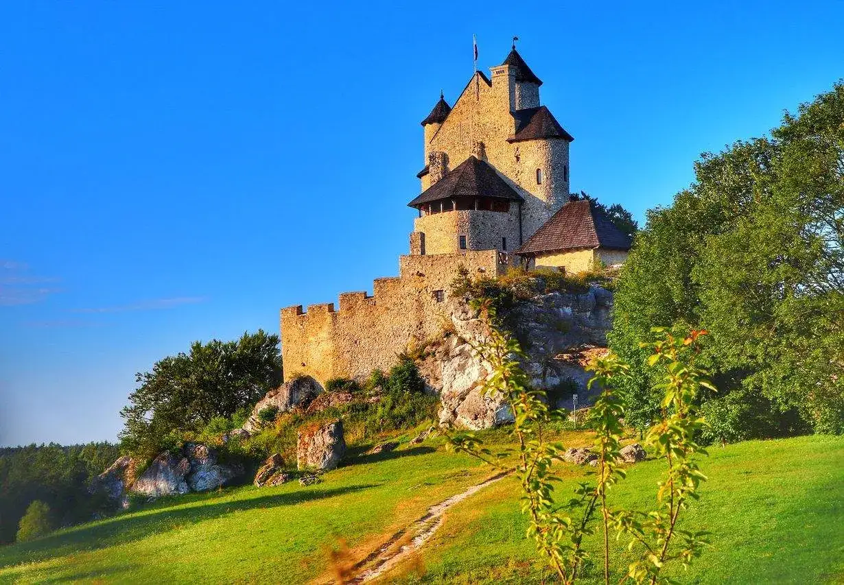 Kamienny zamek na skale, otoczony zielenią, przypomina o historii mirów bobolice.