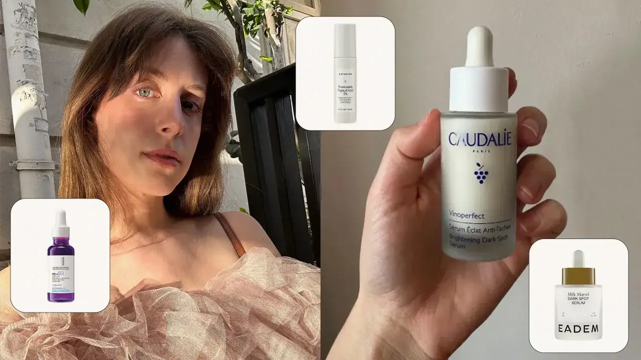Kobieta z serum na przebarwienia. Wśr&oacute;d kosmetyk&oacute;w widać m.in. serum z kwasem traneksamowym, kt&oacute;re może pom&oacute;c w walce z przebarwieniami.
