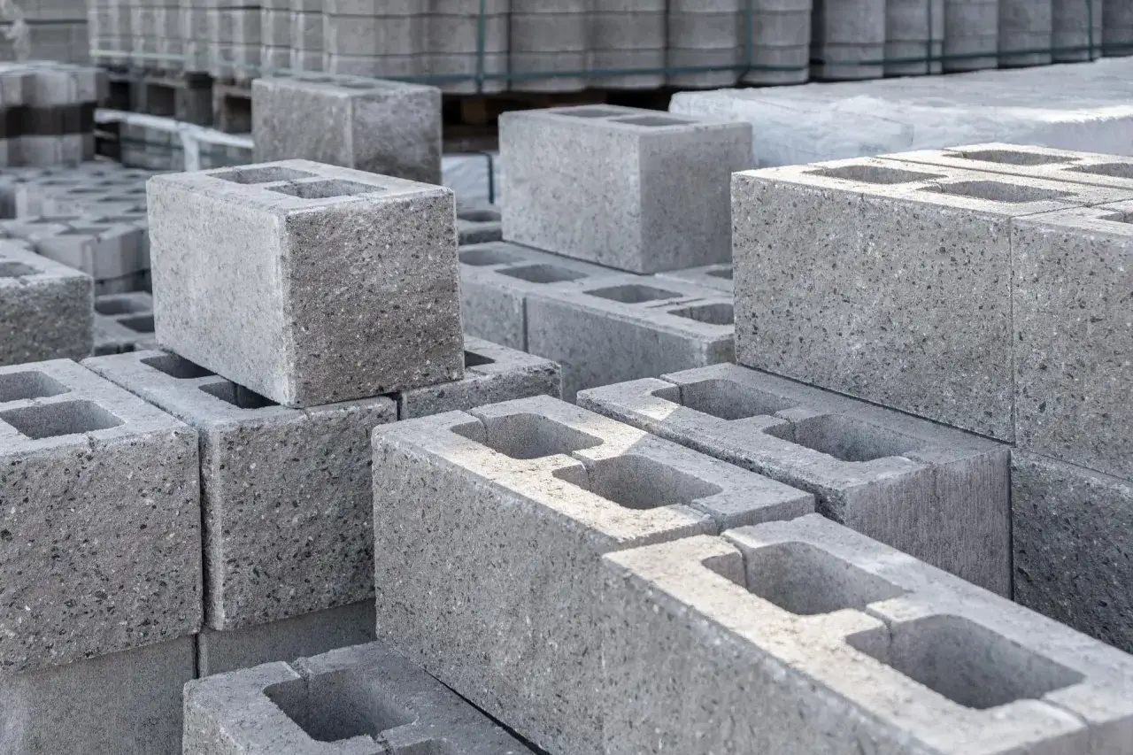 Stos szarych pustak&oacute;w betonowych, idealnych na ile bloczk&oacute;w na fundament.