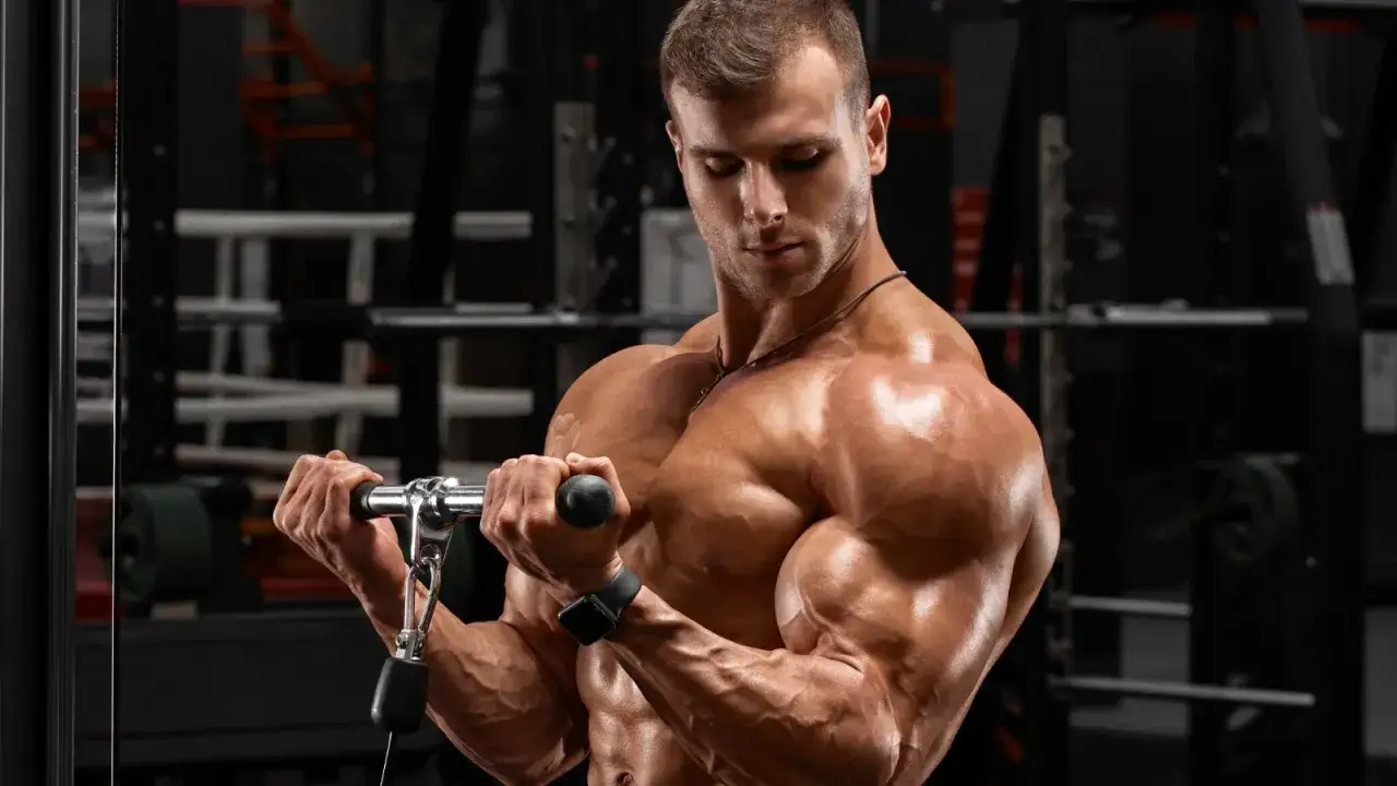 Mięśniowy mężczyzna wykonuje ćwiczenia na barki siłownia, napinając biceps przy użyciu wyciągu.
