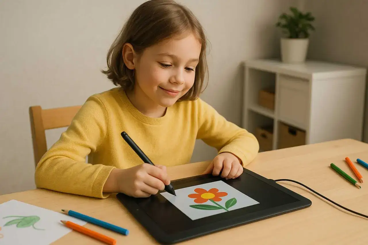 Dziewczynka używająca tabletu graficznego