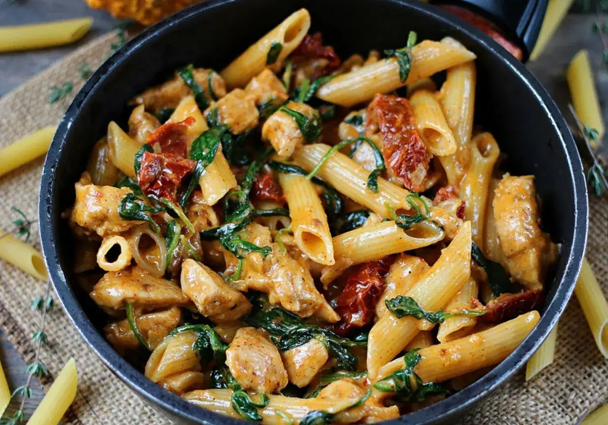 Penne z kurczakiem, szpinakiem i suszonymi pomidorami w kremowym sosie. Pyszne danie, które zachwyci każdego smakosza.