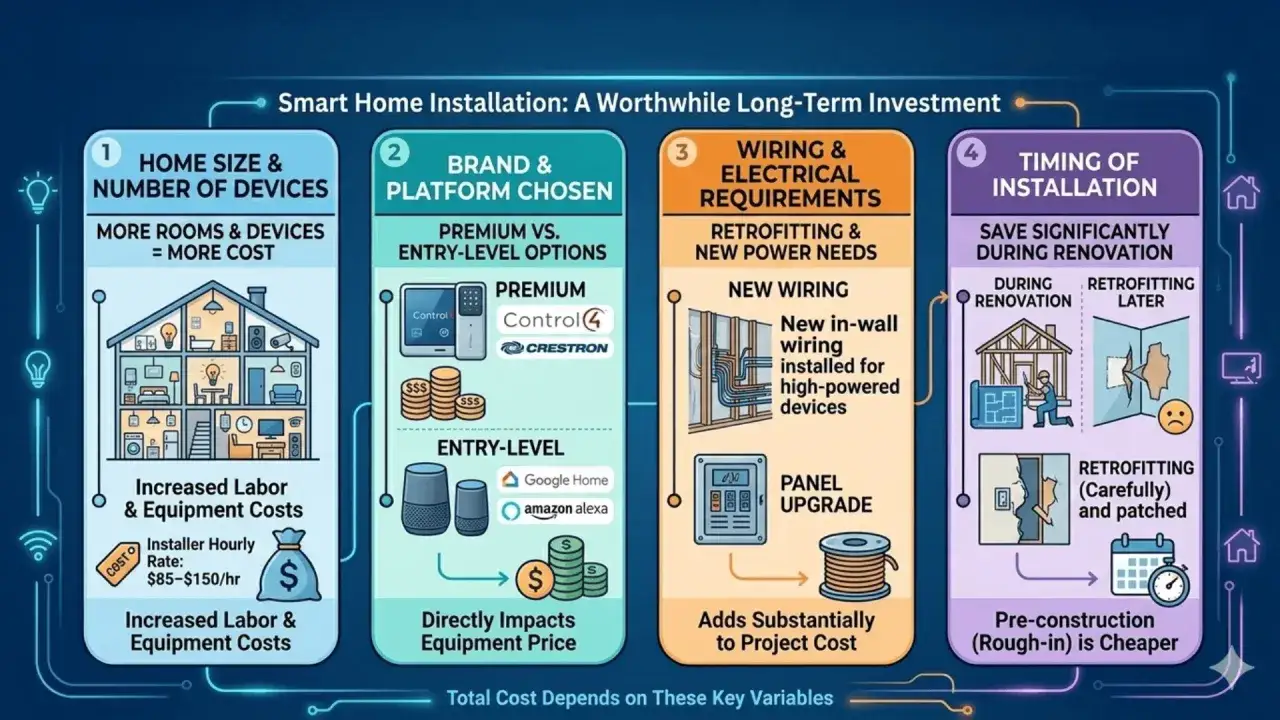 Kluczowe czynniki wpływające na koszt instalacji inteligentnego domu: wielkość domu, marka, okablowanie i czas instalacji.