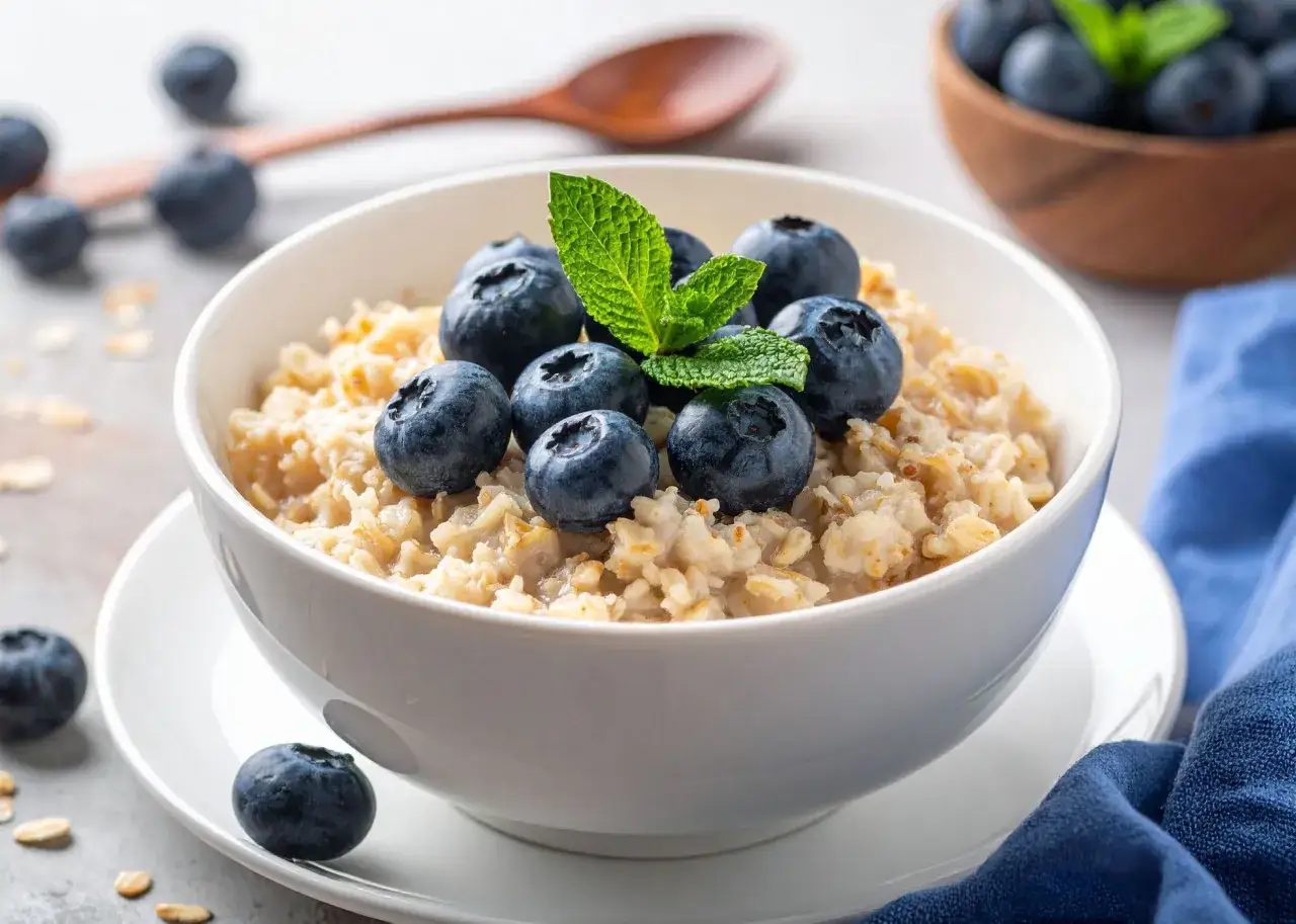 Pyszna owsianka z jagodami i miętą, idealna na zdrowe posiłki. Inspiracja do przepis&oacute;w na zdrowe posiłki.