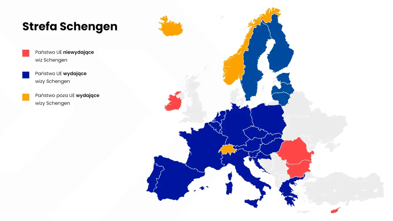 Mapa Strefy Schengen: niebieskie kraje UE wydają wizy, czerwone nie, a pomarańczowe (poza UE) też wydają. Idealne do planowania podróży po Europie.