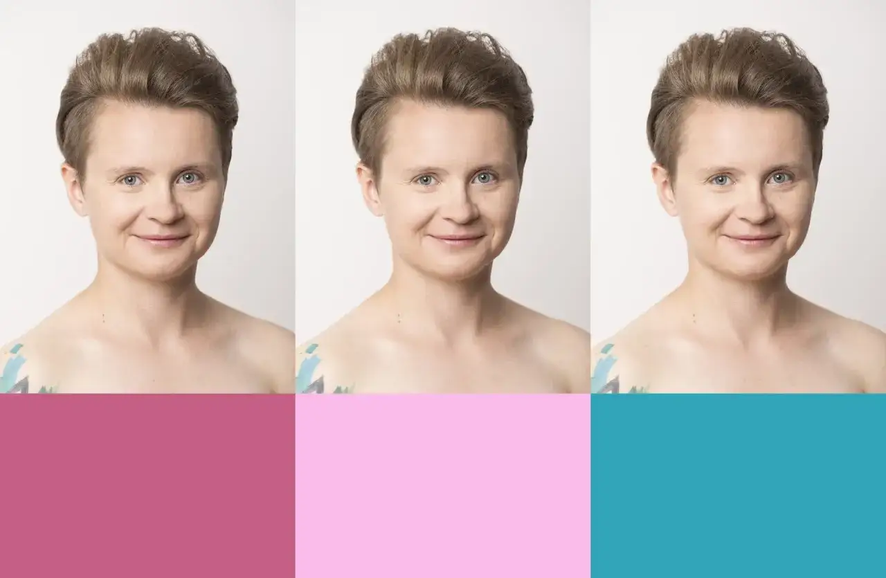 Trzy portrety kobiety o jasnej karnacji i niebieskich oczach, z krótkimi brązowymi włosami. Jej typ urody to ciepłe lato.