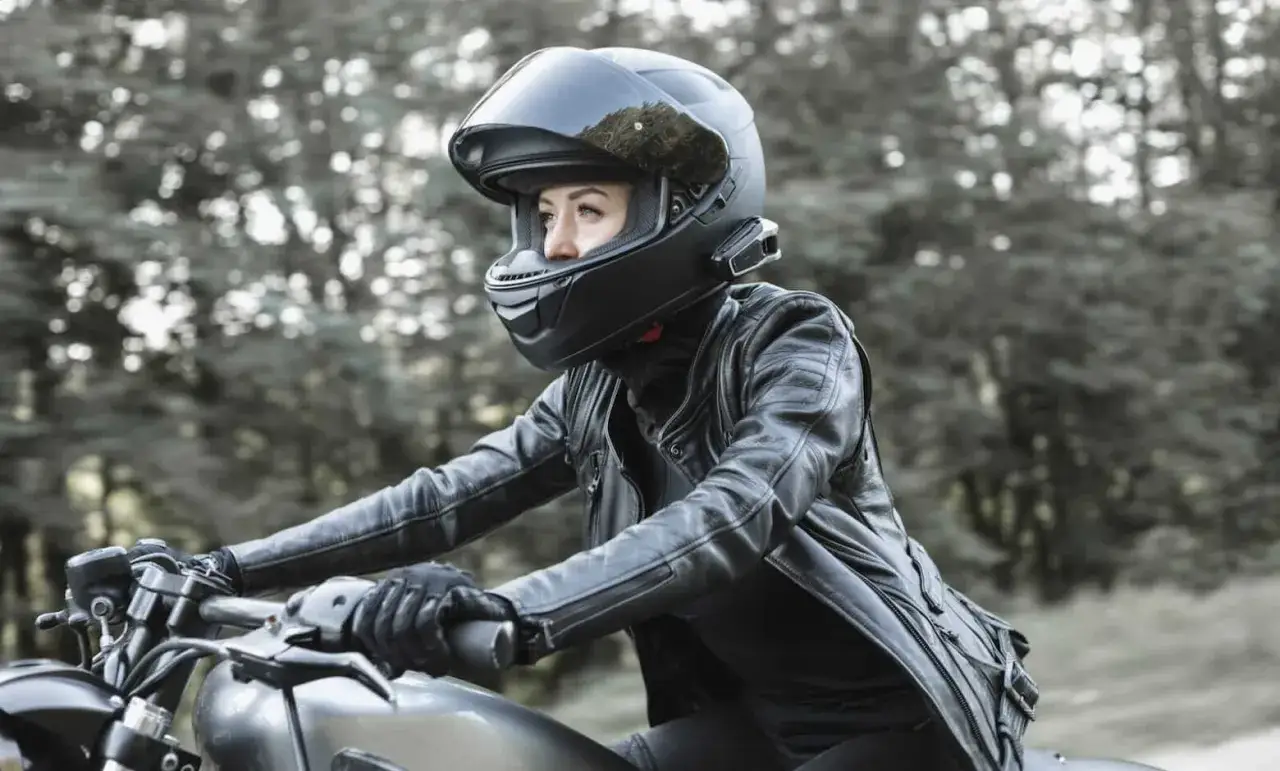 Kobieta w czarnym kasku motocyklowym z podniesioną blendą, ubrana w skórzaną kurtkę, jedzie motocyklem przez las.