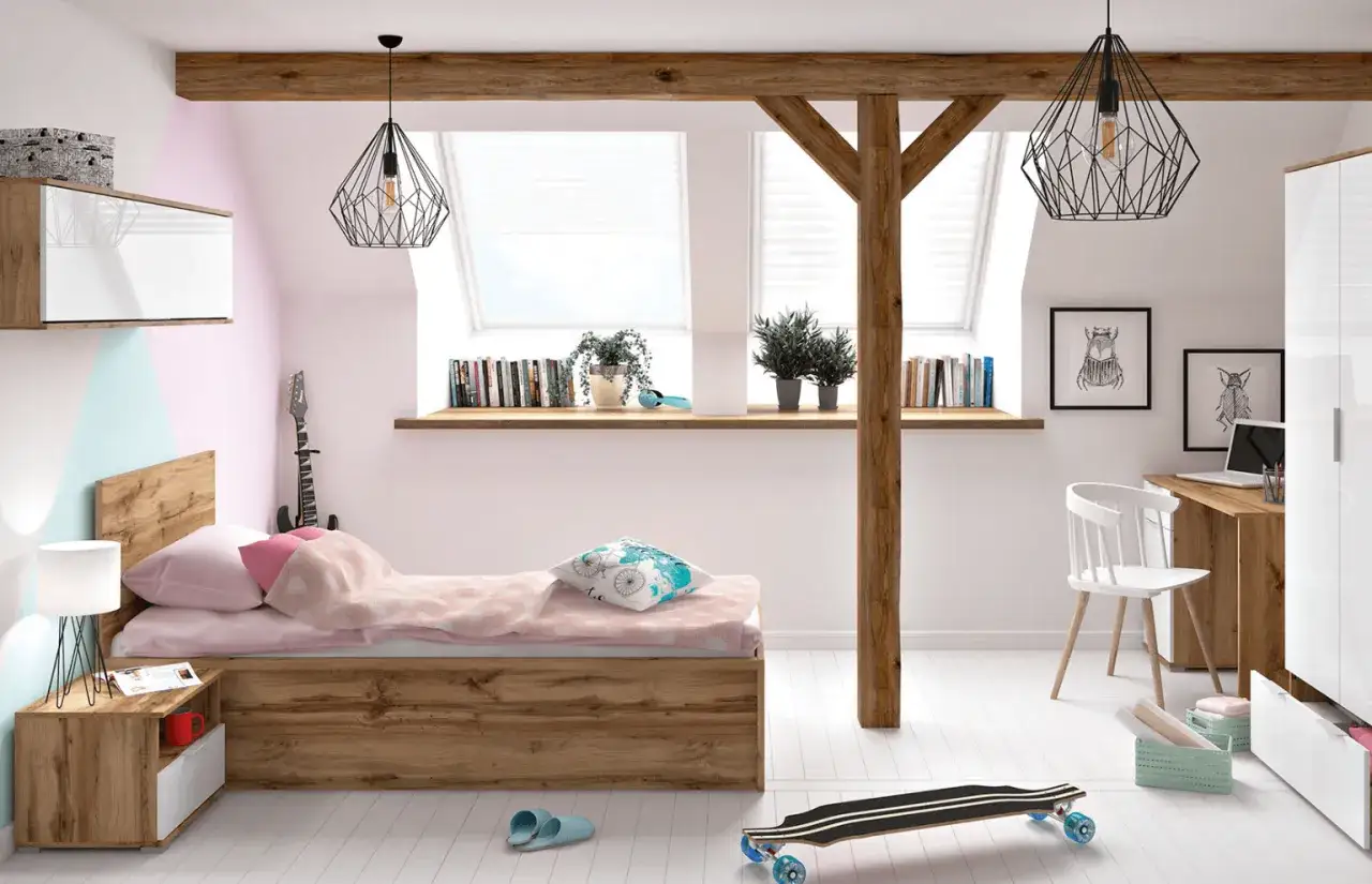 Pokój młodzieżowy z łóżkiem, biurkiem i szafą. Wnętrze rozświetla nowoczesny **pokój z ledami** i geometryczne lampy.